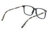 A pair of eyeglasses with a matte black rectangular frame and tortoiseshell-patterned temples, shown on a clean white background.